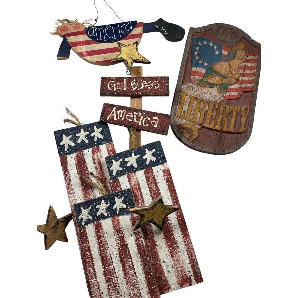 Americana Decor Lot Patriotic Wood Signs‎ Liberty Statue 1776 God Bless